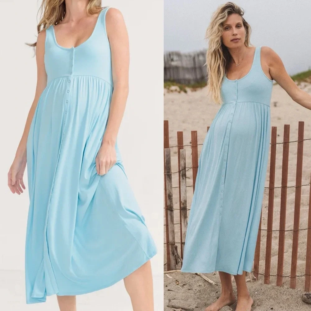Hatch Softest Rib Nursing Tank Dress Wave Blue Snap Front Maternity Size 3 Large